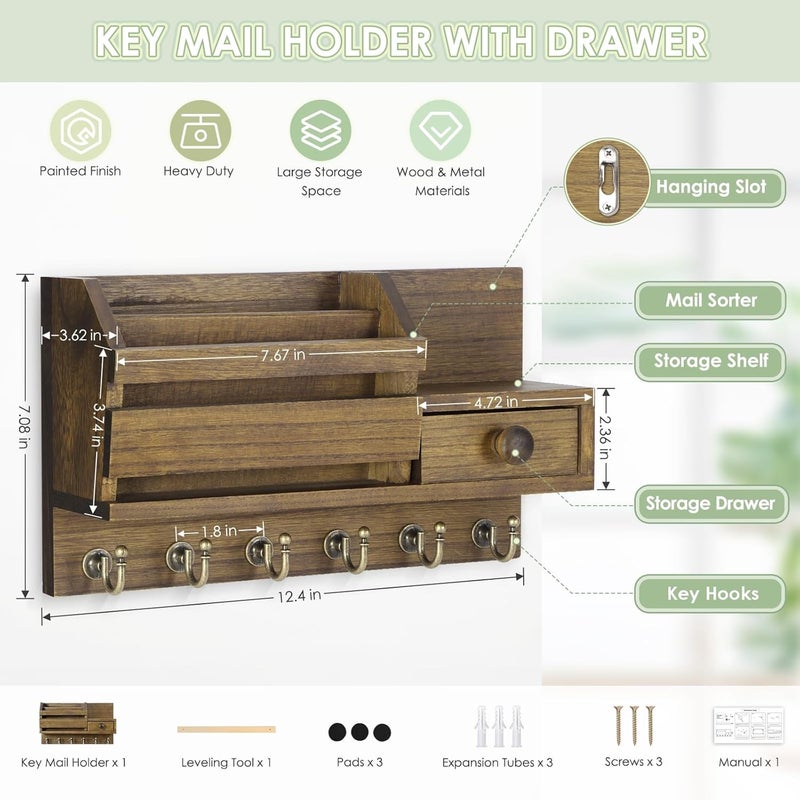 VIS'V Key Holder Wall Mount, Wooden Mail and Key Organizer with Drawer and Shelf, 2 Slots, 6 Hooks, Brown - Image 3